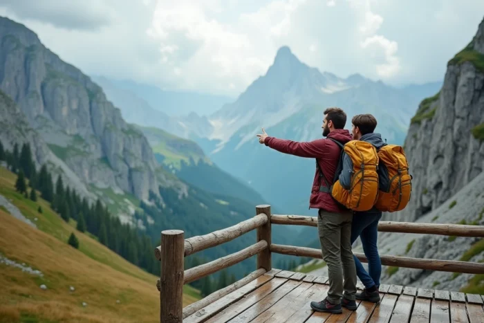 Couple de randonneurs observant un panorama de vallée alpine dans les Dolomites depuis une plateforme en bois