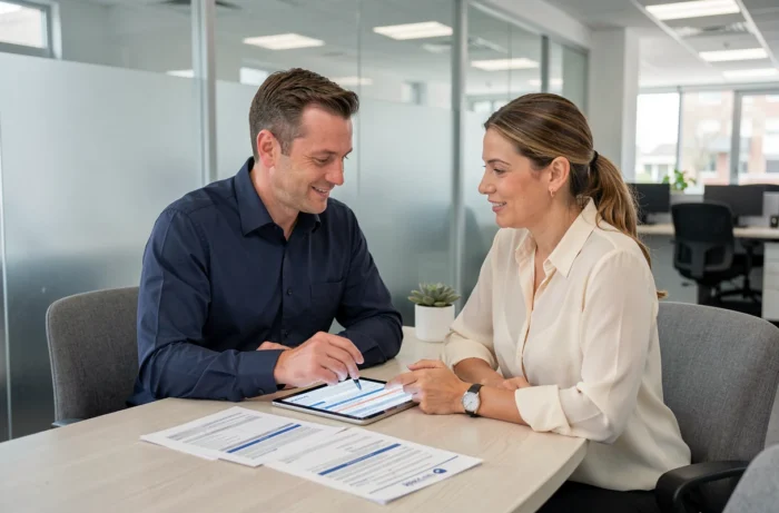 Couple en rendez-vous bancaire pour discuter du report d'échéance de leur crédit immobilier