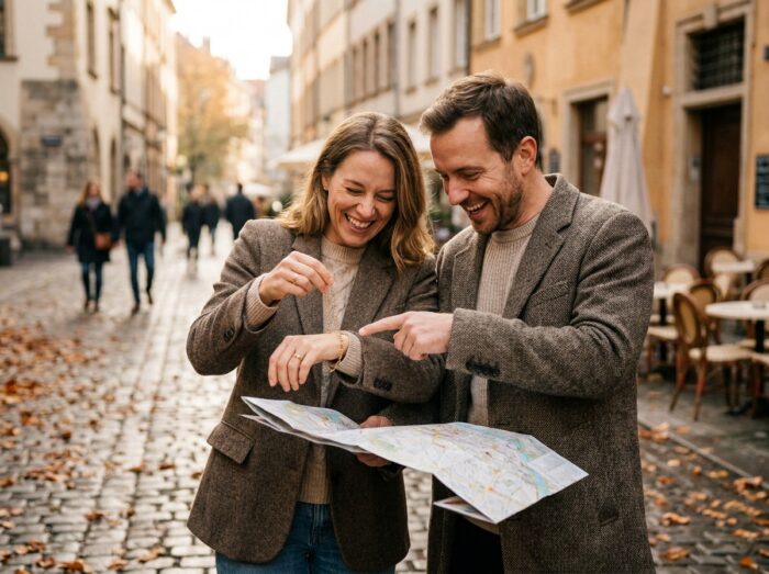 Casal ao ar livre em uma rua europeia comparando uma joia e uma viagem como presente para seus 10 anos de aniversário