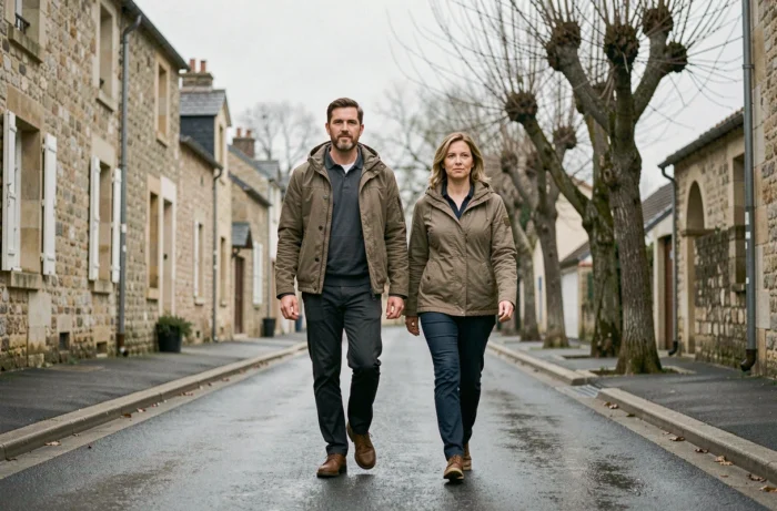 Couple marchant dignement dans une rue française sous un ciel couvert, représentant une famille qui fait face aux critiques publiques avec retenue