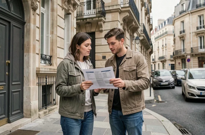 Couple visiting a residential building to rent an apartment in the city