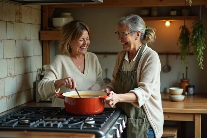 Deux femmes cuisinant ensemble une soupe maison dans une cuisine familiale vintage