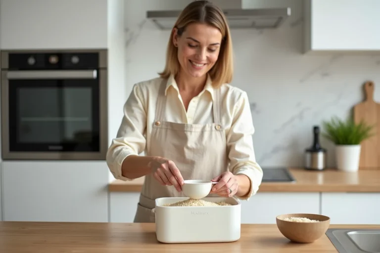 Femme mesurant du riz dans le panier d'un airfryer Moulinex dans une cuisine moderne