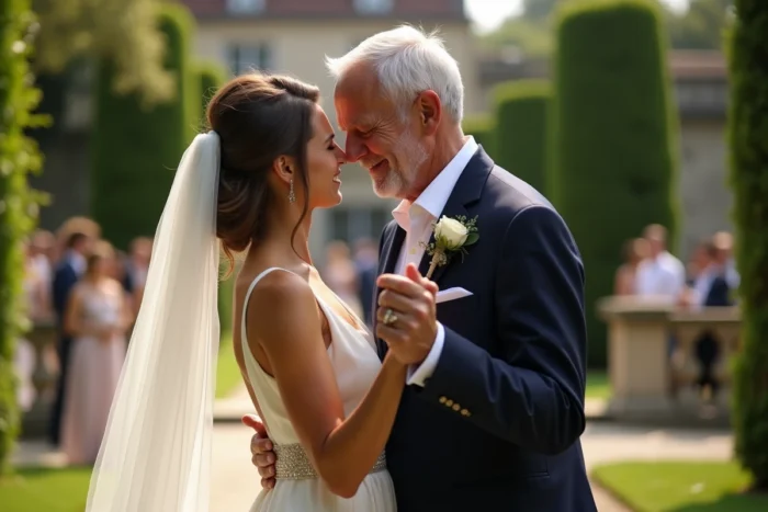 Le père et la mariée partagent une danse émouvante lors de la réception de mariage en plein air dans un jardin de château français