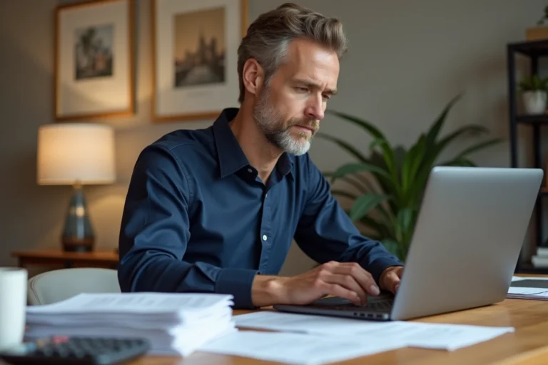 Homme remplissant sa déclaration fiscale LMNP sur un ordinateur portable avec des documents de location meublée sur son bureau