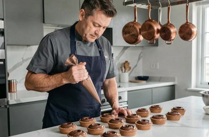 Chef amateur décorant des tartes au chocolat maison dans une cuisine moderne avec des ustensiles en cuivre
