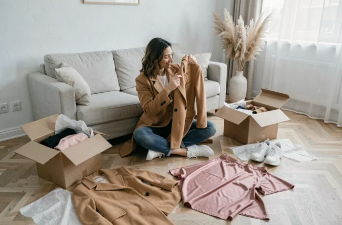 Femme découvrant ses achats de mode en ligne entourée de vêtements tendance dans un appartement scandinave