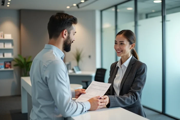 Client remettant une facture à un conseiller dans une agence d'assurance Pacifica