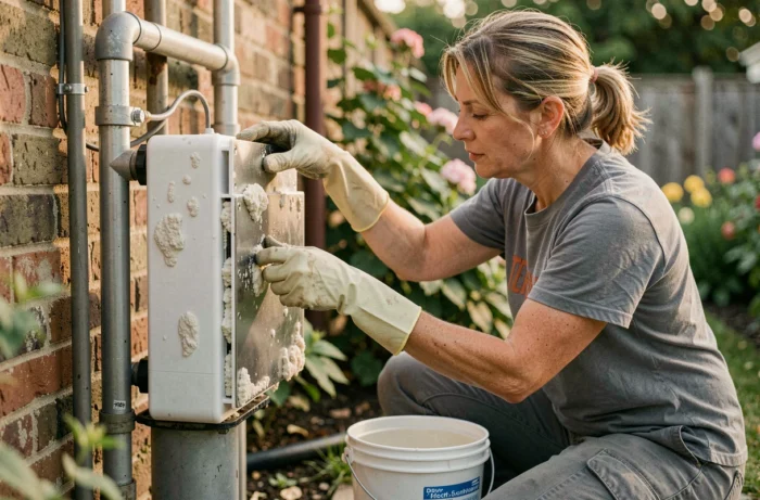Femme détartrant une cellule d'électrolyse calcifiée retirée du système de filtration d'une piscine