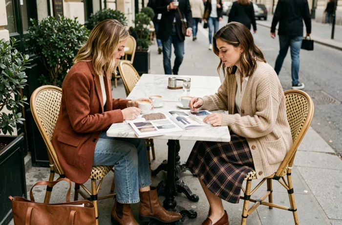 Deux femmes tendance discutant de looks mode autour d'un lookbook dans un café parisien en terrasse