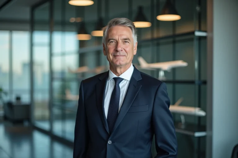Directeur général d'Airbus en costume sombre dans une salle de réunion moderne avec des maquettes d'avions en arrière-plan