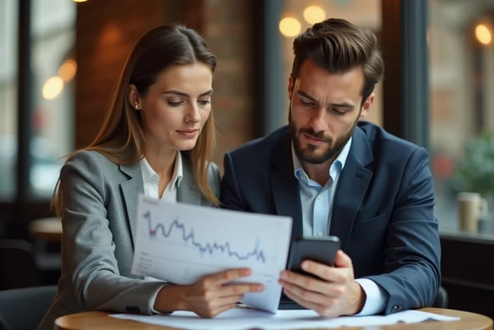 Deux jeunes professionnels discutant de stratégies d'investissement en bourse autour d'un café en ville