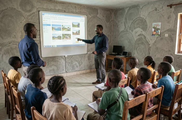 Un enseignant africain présentant des ressources pédagogiques numériques sur un écran de projection devant des élèves dans un centre communautaire d'apprentissage