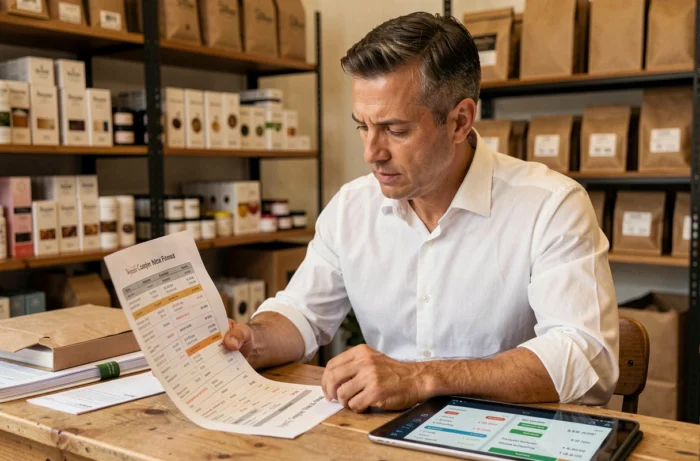 Entrepreneur examinant un catalogue de prix et un outil de comparaison tarifaire dans une boutique indépendante