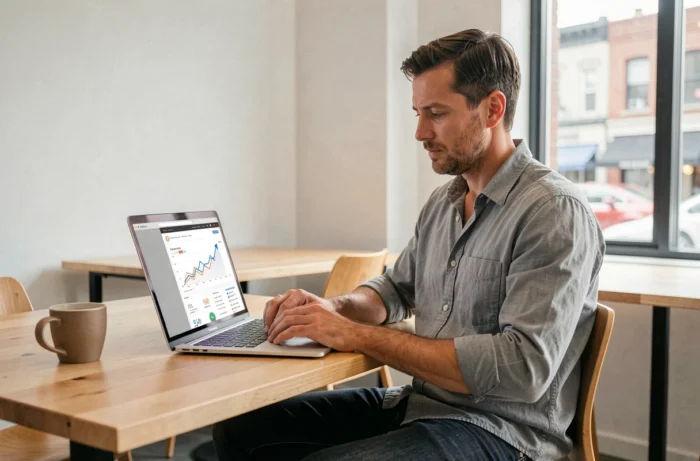 Empreendedor masculino trabalhando na concepção de seu site web profissional em um espaço de coworking