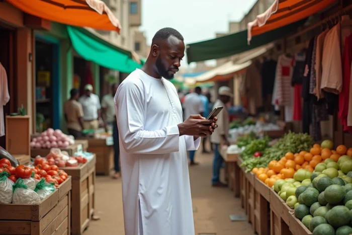 Entrepreneur ivoirien naviguant les opportunités commerciales dans un marché animé du Plateau à Abidjan en 2024