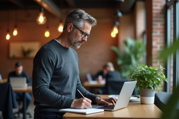 Entrepreneur masculin prenant des notes sur des ressources financières dans un espace de co-working moderne pour développer son activité