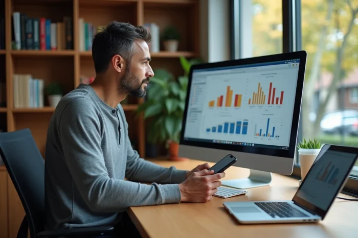 Homme entrepreneur analysant des tableaux de bord numériques sur une plateforme de services innovante depuis son bureau à domicile