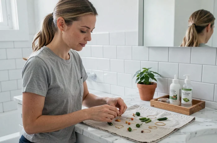 Jeune femme inspectant une collection de bijoux en or végétal artisanal disposés sur lin blanc dans une salle de bain minimaliste