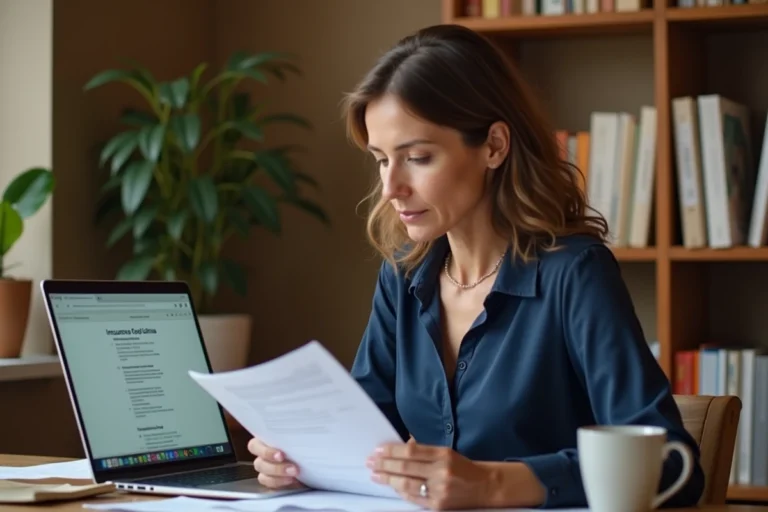 Femme consultant des documents de remboursement d'assurance Pacifica sur un bureau à domicile