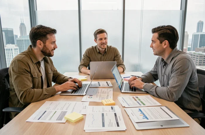 Équipe de professionnels discutant d'une stratégie tarifaire autour d'une table de réunion avec des tableaux de bord de prix