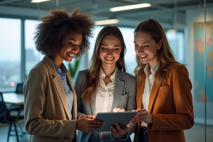 Équipe de jeunes professionnels collaborant autour d'une tablette pour gérer leur activité via une plateforme de services en ligne