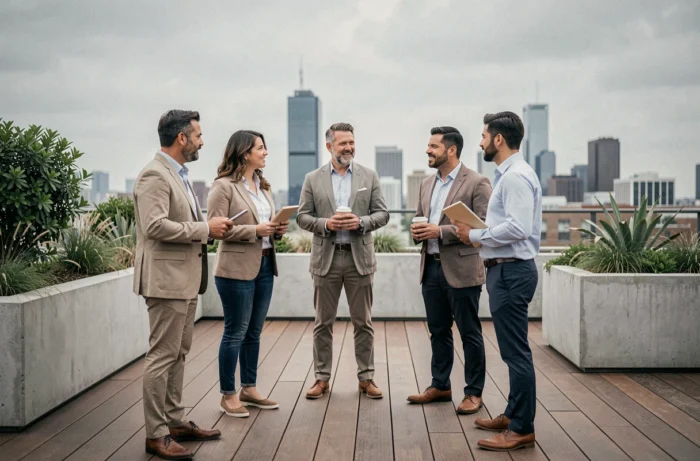 Équipe de professionnels en discussion collaborative sur une terrasse extérieure d'un campus d'entreprise