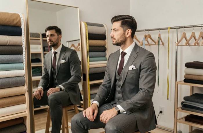 Homme en séance d'essayage dans un atelier de tailleur, réfléchissant à son apparence dans un miroir, thème de la taille et de la confiance masculine