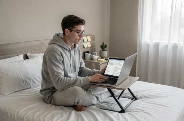 Jovem homem estudando em seu quarto, reformulando um texto acadêmico em seu laptop graças a uma ferramenta gratuita online, com anotações e um café na mesa de cabeceira