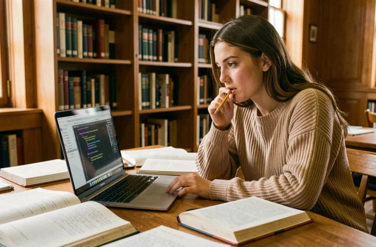 Étudiante concentrée devant son ordinateur portable dans une bibliothèque universitaire, entourée de livres et de notes, utilisant un outil de reformulation en ligne pour optimiser ses travaux académiques