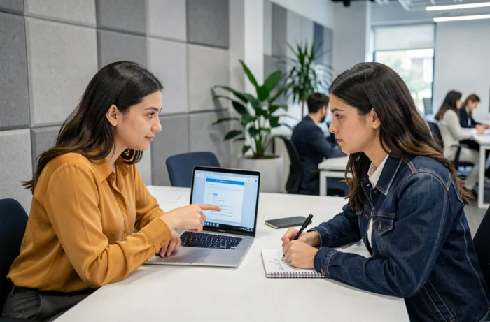 Duas estudantes colaborando em uma ferramenta de reformulação online em um espaço de trabalho universitário moderno, fazendo anotações para melhorar um dever acadêmico