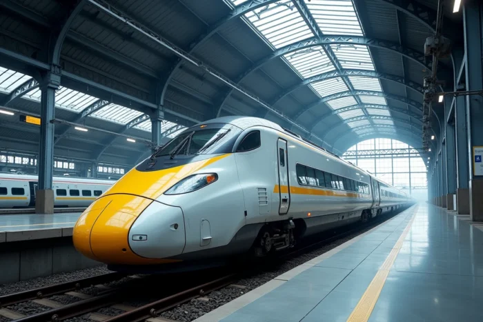 Train Eurostar en gare internationale avec architecture moderne en acier et verre