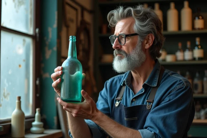 Expert en verre ancien tenant une bouteille soufflée à la main face à la lumière pour en analyser les bulles et imperfections révélatrices de l'âge