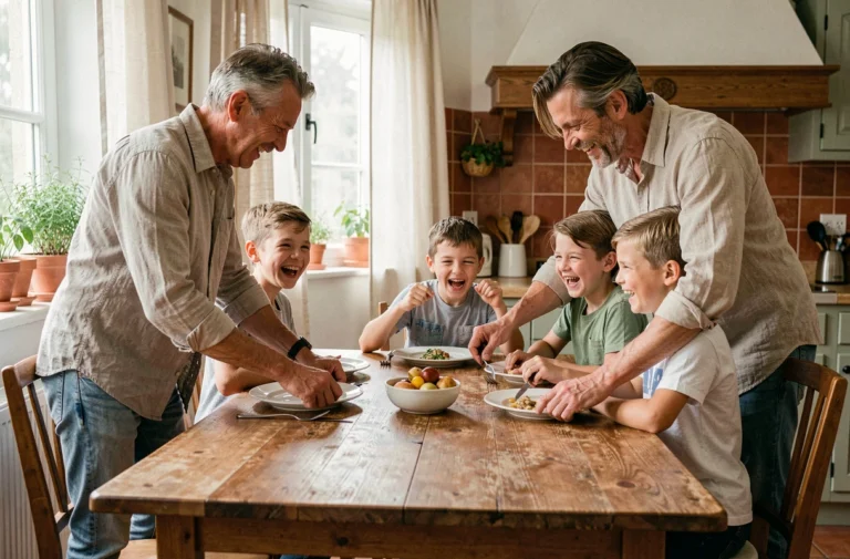 Famille épanouie réunie autour d'une grande table en bois lors d'un repas dominical convivial dans une cuisine chaleureuse