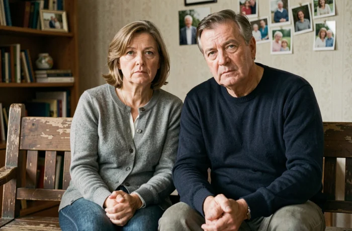 Couple discret et fatigué assis ensemble dans un salon modeste, symbolisant la résilience d'une famille face aux rumeurs et aux critiques
