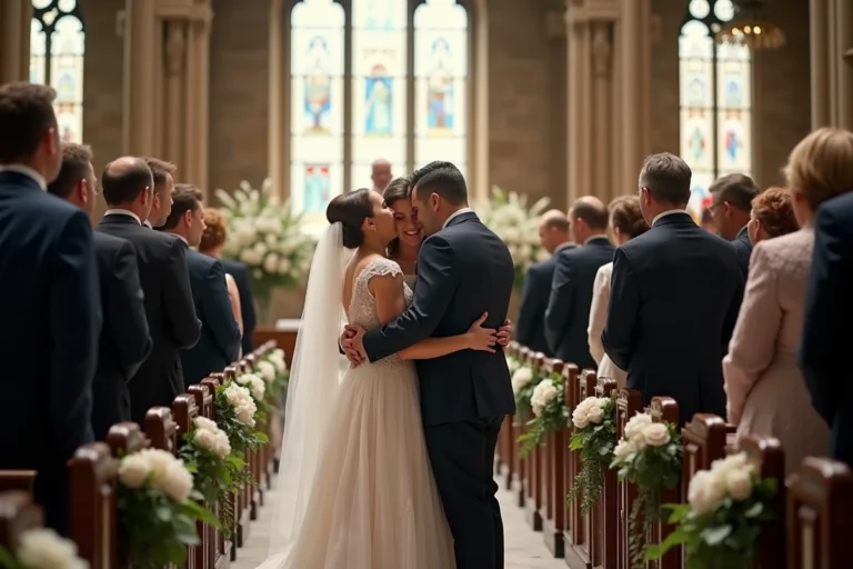 Famille réunie autour de la mariée lors d'une cérémonie de mariage élégante dans une église en pierre ornée