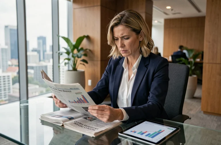 Femme d'affaires professionnelle lisant les actualités économiques et les tendances du marché sur tablette et journaux dans un bureau moderne