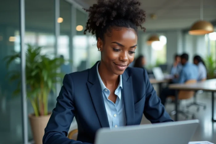 Femme d'affaires ivoirienne analysant les tendances économiques sur un ordinateur portable dans un bureau moderne d'Abidjan en 2024
