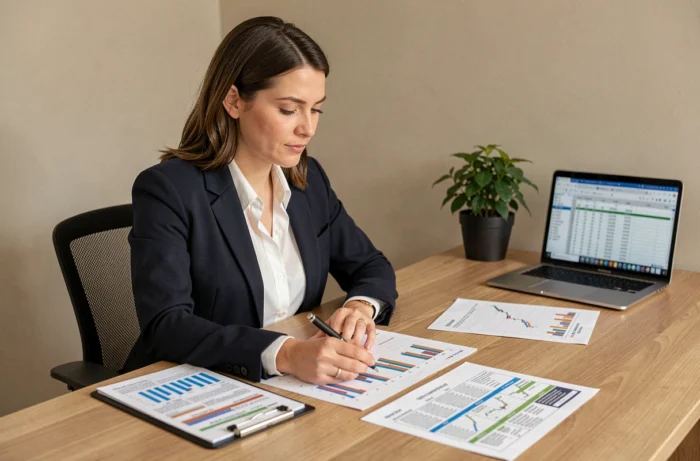 Femme analysant son budget personnel et ses finances sur un bureau en bois avec des graphiques financiers imprimés