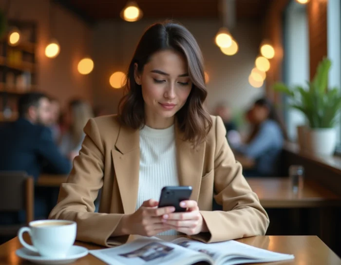 Jeune femme élégante consultant les dernières actualités et tendances sur son smartphone dans un café moderne