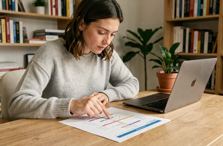 Femme consultant un plan de site imprimé sur papier dans un bureau à domicile pour mieux naviguer en ligne