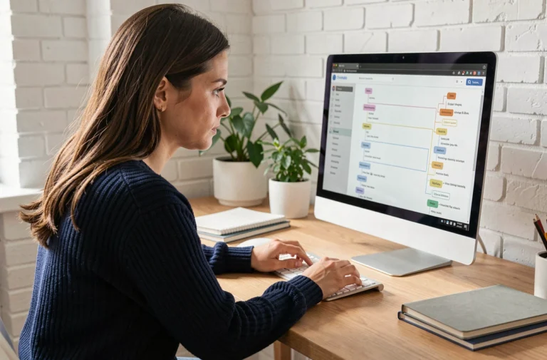Femme consultant un sitemap sur son ordinateur dans un bureau à domicile moderne