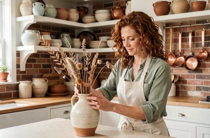 Femme arrangeant des fleurs séchées dans un vase céramique artisanal dans une cuisine de style maison de campagne décorée avec soin