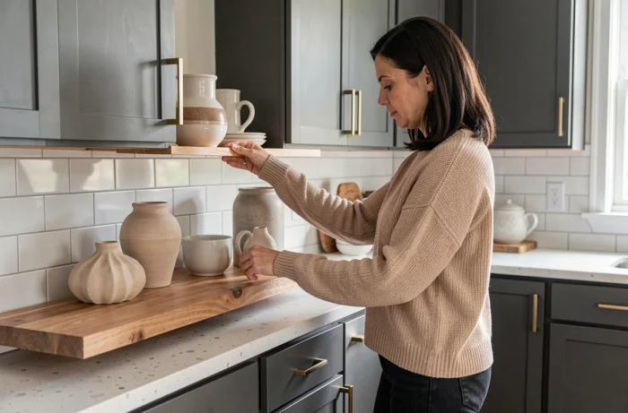 Mulher decorando uma prateleira em uma cozinha moderna renovada com armários cinza antracite e backsplash de azulejos brancos