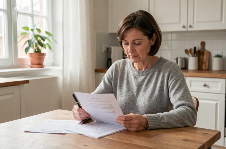 Femme examinant des documents de prêt immobilier à la table de sa cuisine, stylo à la main