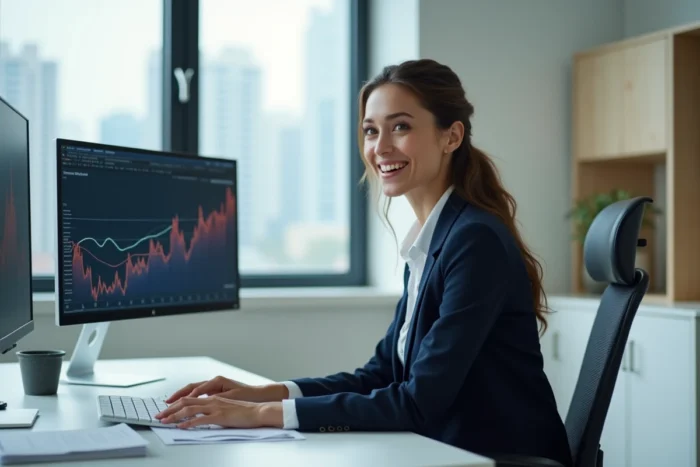 Femme entrepreneur analysant des graphiques financiers sur un écran d'ordinateur dans un bureau moderne pour booster son business