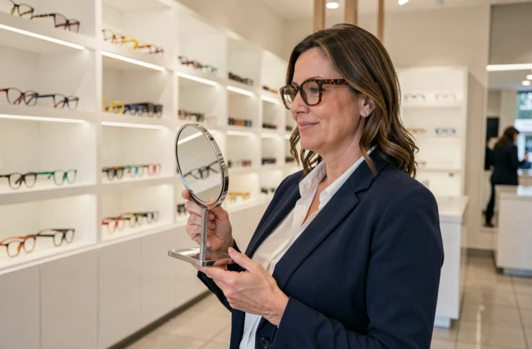 Femme essayant des lunettes en acétate dans une boutique Alain Afflelou moderne