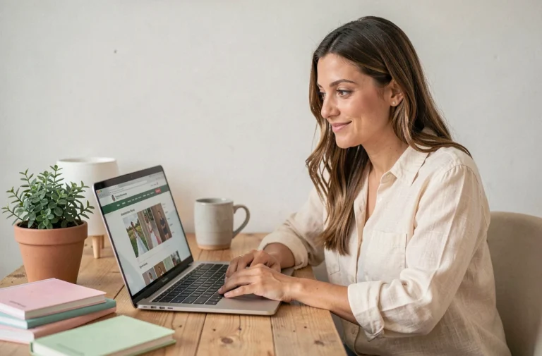 Femme explorant un site de décoration et d'inspiration mariage sur son ordinateur portable dans un bureau cosy