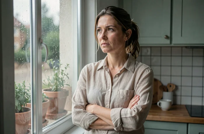 Femme pensive regardant par une fenêtre pluvieuse dans une cuisine française, illustrant l'isolement et la pression médiatique sur une famille