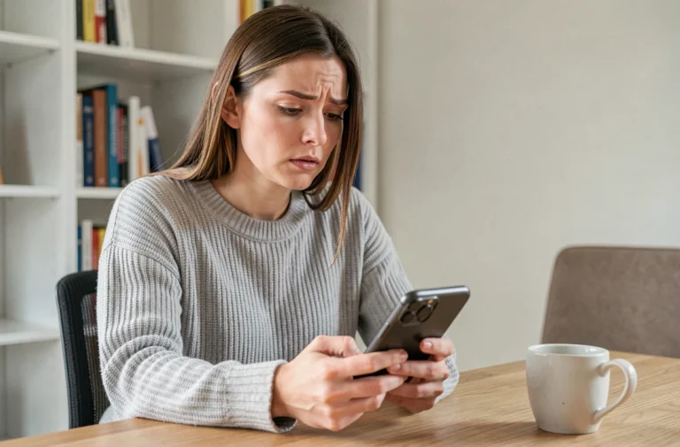 Femme consultant son smartphone pour gérer son assurance mobile Chubb SFR depuis son bureau à domicile